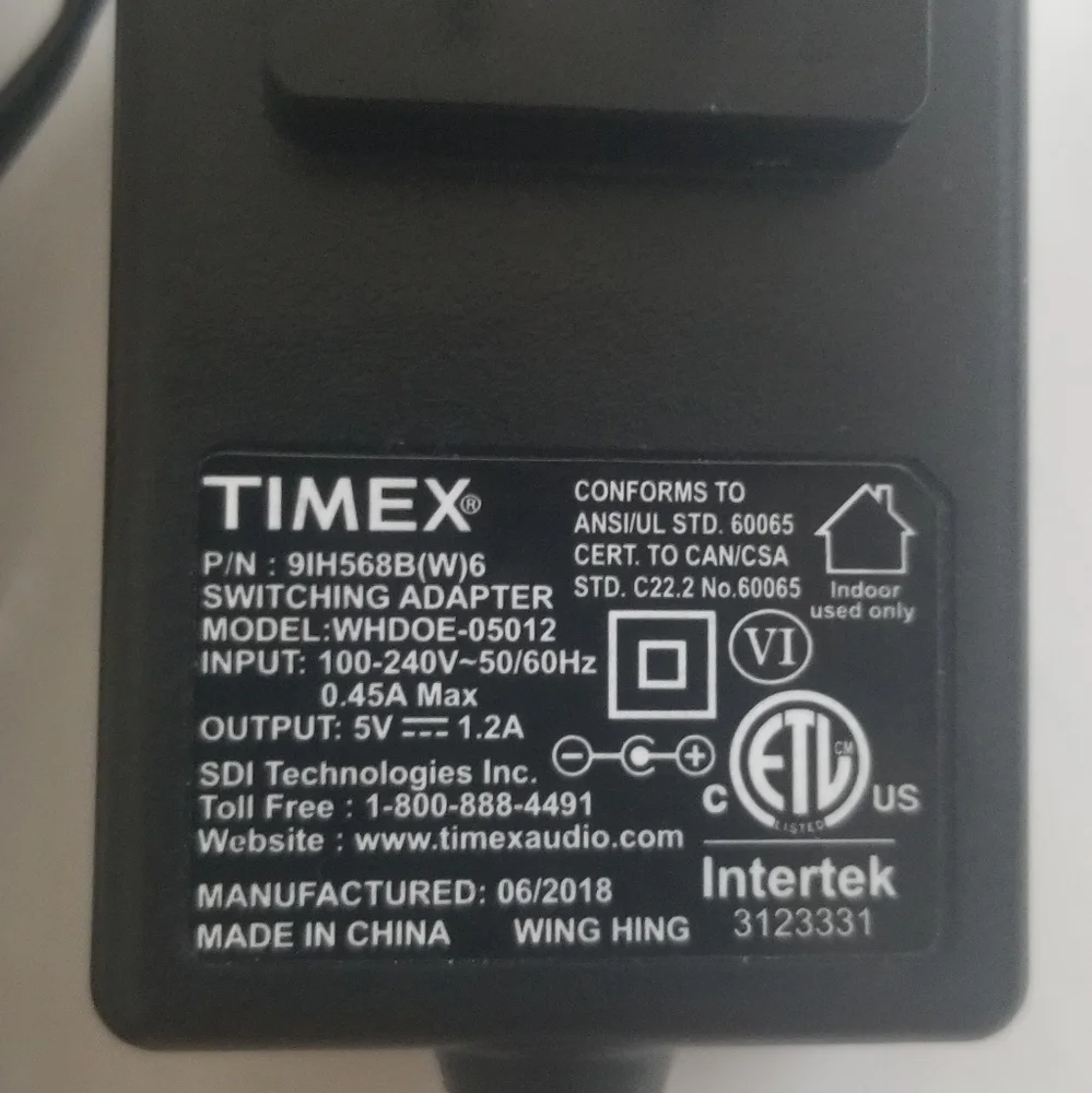 TIMEX Switching Adapter, P/N- 9IH568B(W)6. Model WHDOE-05012, 5V 1.2a